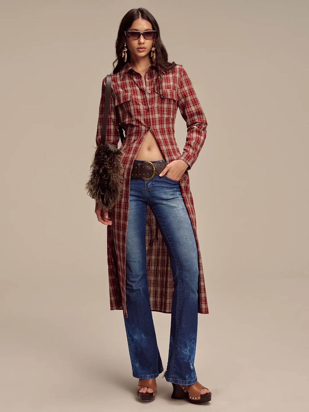 91 Plaid Button Front Shirt Dress - Picture 2 of 8